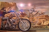 Long-haired dude riding a Harley at left, in the desert. In center-right background is a ghostly Pony Express rider, racing Harley dude hell-for-leather.