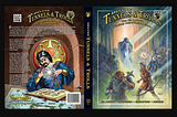 book cover spread out to see both front and back ─ on left, a wizard in front of a stained glass window, doing magic above an illustrated grimoire / on right, a fantastic halls of sort with a variety of fantastical creatures