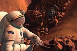 In this artist’s concept of the future, an astronaut gathers samples on the surface of Mars, with a robotic explorer nearby.