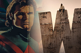 An AI portrait of the original Wonder Man fades into a picture of Simon Williams (Yahya Abdul-Mateen II) sitting on top of a giant “W” holding what looks like a script, with Trevor Slattery (Ben Kingsley) standing on the ground to the right.