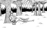 A pen-and-ink black and white drawing of a man in a forest leaning against a tree trunk.