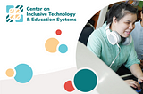 Young blind person with headset using computer with assistive device discussing with an adult