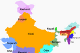 Map of India subdivided into regions with most spoken language there.