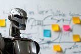 A Terminator style robot giving a presentation in front of a whiteboard covered in sticky notes and process diagrams.