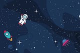 Cartoon image of space with stars, spacemen and space capsules floating around.
