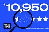 Number Crunch logo next to an illustration of a magnifying glass hovering over 5 star ratings, with the text “$10,950: The cost of 1,000 fake Amazon reviews”