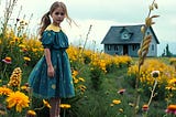 A child standing in a garden of wildflowers near a house