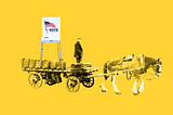 A photo collage of a man driving a horse-pulled cart, with a voting booth on the cart.