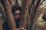 a man hides deep amongst trees,
