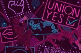 A graphic illustration showing two Black pole dancers with neon signs mounted on their poles, one says “UNION YES.”