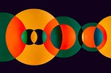 Green and orange circle spheres overlapping on solid dark background.