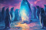 Penguin radiates with cosmic energy as other penguins stare | By Dane O’Leary using original and AI-generated elements