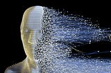 Computer image of a face with part of the face comprising tiny computer bits floating off into space.