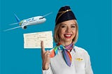 Con AI flight attendant holding tickets.