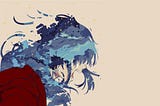 cartoon anime person with blue hair like a breaking ocean wave, yelling into nothingness