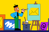 An illustration of a painter painting an email letter logo onto an easel.