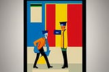 Painting of two mailmen with hats carrying letters