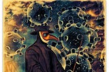 Digital painting titled “I Can’t Wake Up” showing plague doctor amid viruses. By Dierdre Barrett