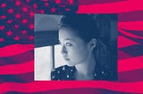 Closeup of an Asian woman’s face against a filtered American flag background.