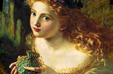 A painting of a fairy with long curly hair wearing a a crown of butterflies and holding an ornate purse.