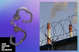 Photo illustration: “The Color of Climate” text and photos of silver handcuffs, and heat station pipes behind barbed wire