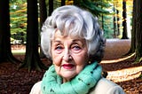 silver-haired senior woman on a woodsy path