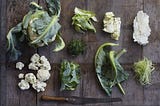 A head of cauliflower next to small piles of cauliflower stems, florets, leaves, stalks, and ribs, respectively.