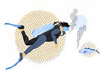 An illustration resembling a papercutting of a scuba diver and a fish, bubbles coming out of each of their mouths.