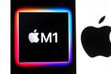 The Apple M1 chip computer logo seen on a mobile phone screen next to a larger Apple logo