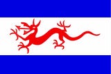 The flag of Y Wladfa, a red dragon on blue and white horizontal stripes, combining the images of Wales and Argentina