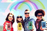 4 people holding out cellphones in front of an illustrated pastel rainbow.