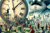 An image of many workers labouring to create money, under the shadow of a giant clock, while the spectre of Karl Marx watches on from a distance.