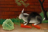A painting of a gray bunny rabbit next to a red brick wall, chewing on carrot leaves with a piece of lettuce nearby.