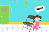 A girl in the middle of a classroom kneeling by a folding chair yelling “HELP”
