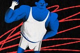 Illustration of a really buff blue-skinned athletic person against a black background with red squiggles.
