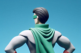 A superhero with a cape and a mask on his eyes, with colors light green, white, and dark gray, turning his back on the camera, who is a developer and not very muscular.