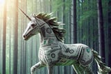A unicorn made of money standing in a forest, created with AI