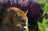The head and paws of a golden panther, resting in the sun before a dark and rocky background are seen to the left. To the right are sunlit fern fronds, creating a vivid contrast with the dark background. At the top, colorful and mysterious lights glow along the edge.