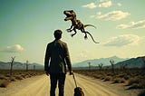 Man with a dog on a lead looking at a dinosaur jumping in the sky