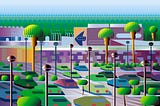 Illustration of a parking lot with palm trees.