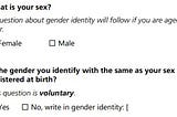 Questions on sex and gender that will appear in the ONS 2021 census. The fist question read: ‘What is your sex? A question about gender identity will follow if you are aged 16 or over’. The options are ‘Female’ or ‘Male’. The second question reads: ‘Is the gender you identify with the same as your sex
 registered at birth? This question is voluntary’. The options are ‘Yes’ or ‘No’, with the option to ‘write in gender identity’ following the ‘No’ option.