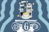 Two cartons of Oatly milk and a cup of cappuccino floating above a pedestal with the letter “G” engraved.