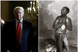 Left image is Donald Trump obscured by low lighting, right image is a black and white illustration of a praying Black woman.