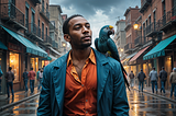 A young man walks up the street, a parrot on his shoulder