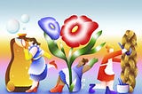 An illustration of three women characters cleaning, gardening, and doing other household chores.