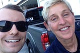 A smiling selfie of the author with Ellen DeGeneres