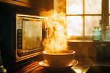 A steaming bowl of soup sits on a plate in front of a microwave in a warmly lit kitchen. Sunlight streams through a window, casting a golden glow over the scene. The steam rising from the bowl creates a cozy and inviting atmosphere, highlighting the warmth and comfort of a home-cooked meal.