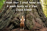 Woman sits at the bottom of an enormous tree, dwarfed by its size. Caption reads: I think that I shall never see | A poem lovely as a tree, from the poem “Trees” by Joyce Kilmer