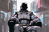 A shadowy seated figure in a futuristic suit