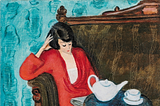 Painting by Hungarian artist Robert Berény of a lady in a red dress, sitting on a couch next to a table with teapot and single tea cup